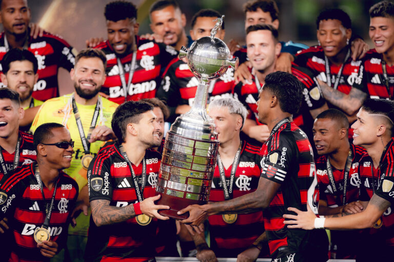 jogadores do fkamengo erguem a taça