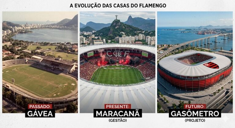 Montagem de três fotos intitulada 'A Evolução das Casas do Flamengo'. A imagem mostra, da esquerda para a direita: uma foto aérea antiga do estádio da Gávea (Passado), o Maracanã lotado com festa da torcida rubro-negra (Presente gestão), e o projeto arquitetônico do novo estádio do Gasômetro (Futuro), ilustrando a trajetória de que o Flamengo tem estádio.