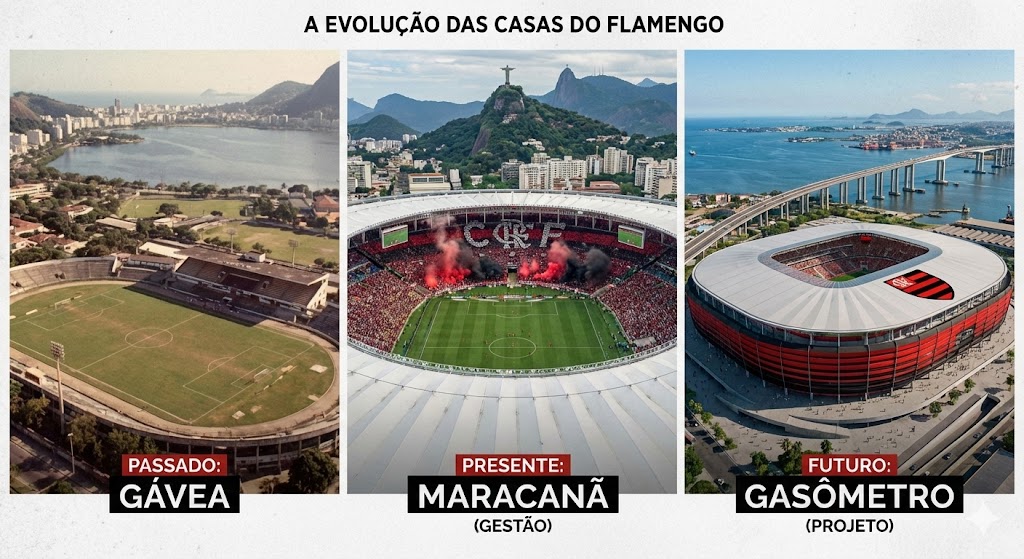 Montagem de três fotos intitulada 'A Evolução das Casas do Flamengo'. A imagem mostra, da esquerda para a direita: uma foto aérea antiga do estádio da Gávea (Passado), o Maracanã lotado com festa da torcida rubro-negra (Presente gestão), e o projeto arquitetônico do novo estádio do Gasômetro (Futuro), ilustrando a trajetória de que o Flamengo tem estádio.